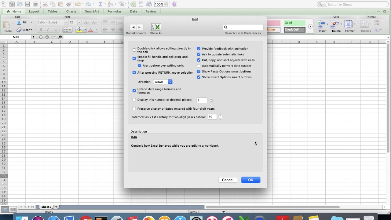 where is the option section in excel for mac